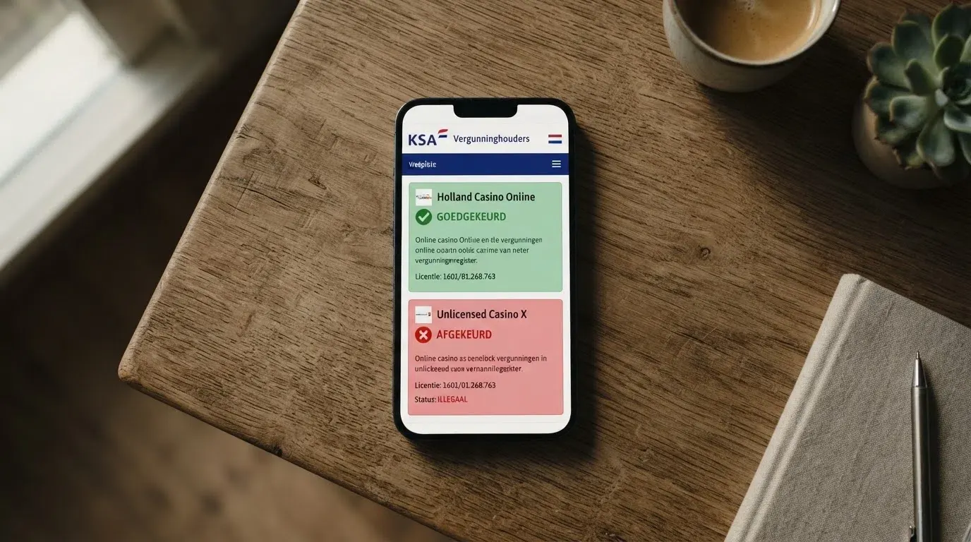 Een screenshot van het KSA-vergunningenregister met een groen vinkje bij een Nederlandse aanbieder, naast een rood kruis bij een illegaal offshore casino