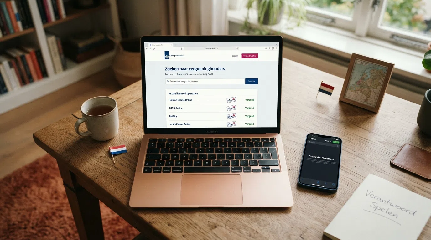 Een screenshot van de Kansspelwijzer of het KSA-vergunningregister waarin een operator met geldige vergunning wordt opgezocht