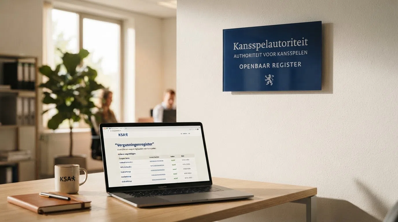 Het logo van de Kansspelautoriteit naast de ingang van het fysieke KSA-kantoor, of een screenshot van het KSA-vergunningenregister.