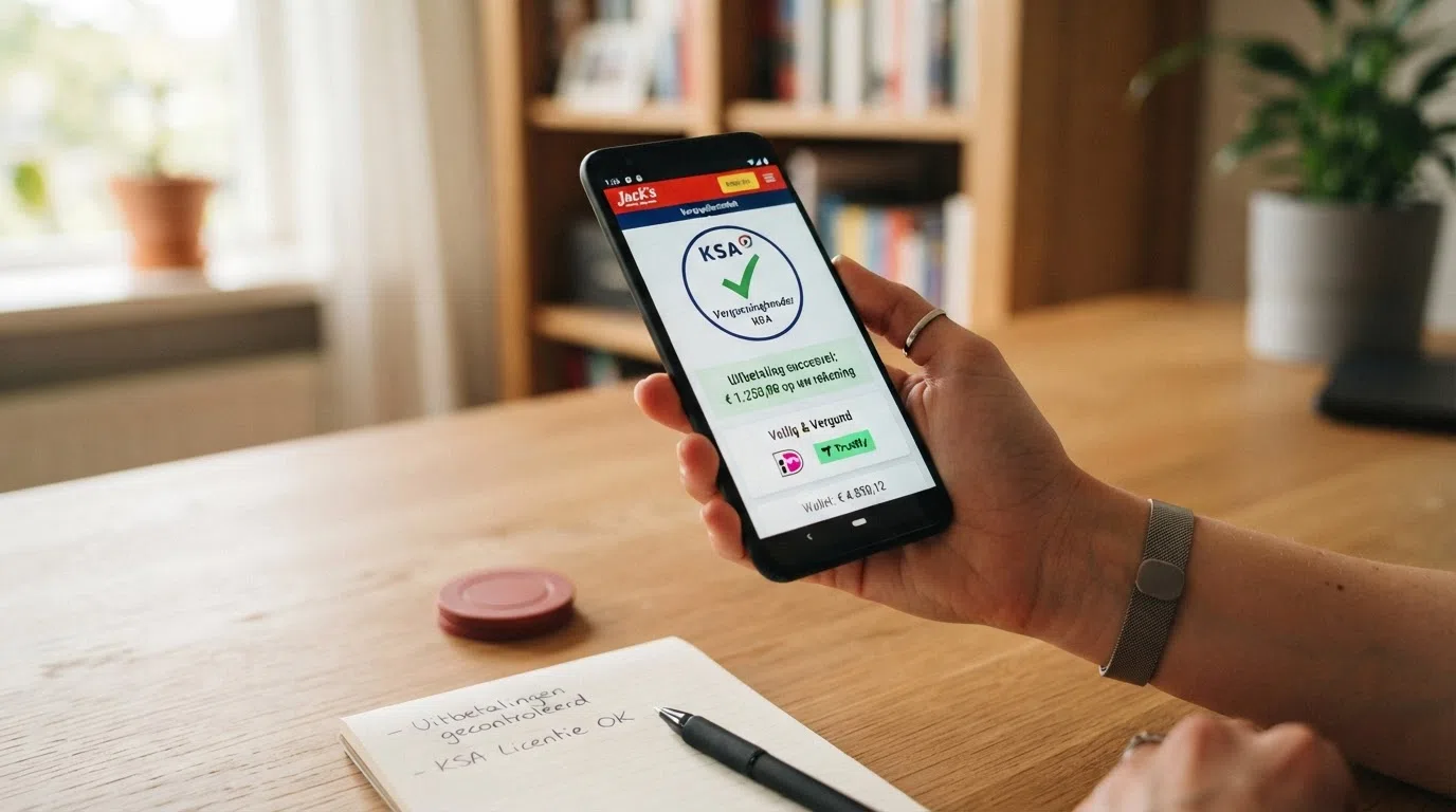 Het logo van de Kansspelautoriteit naast een groen vinkje en de tekst “Vergunninghouder KOA” op een online casinoscherm