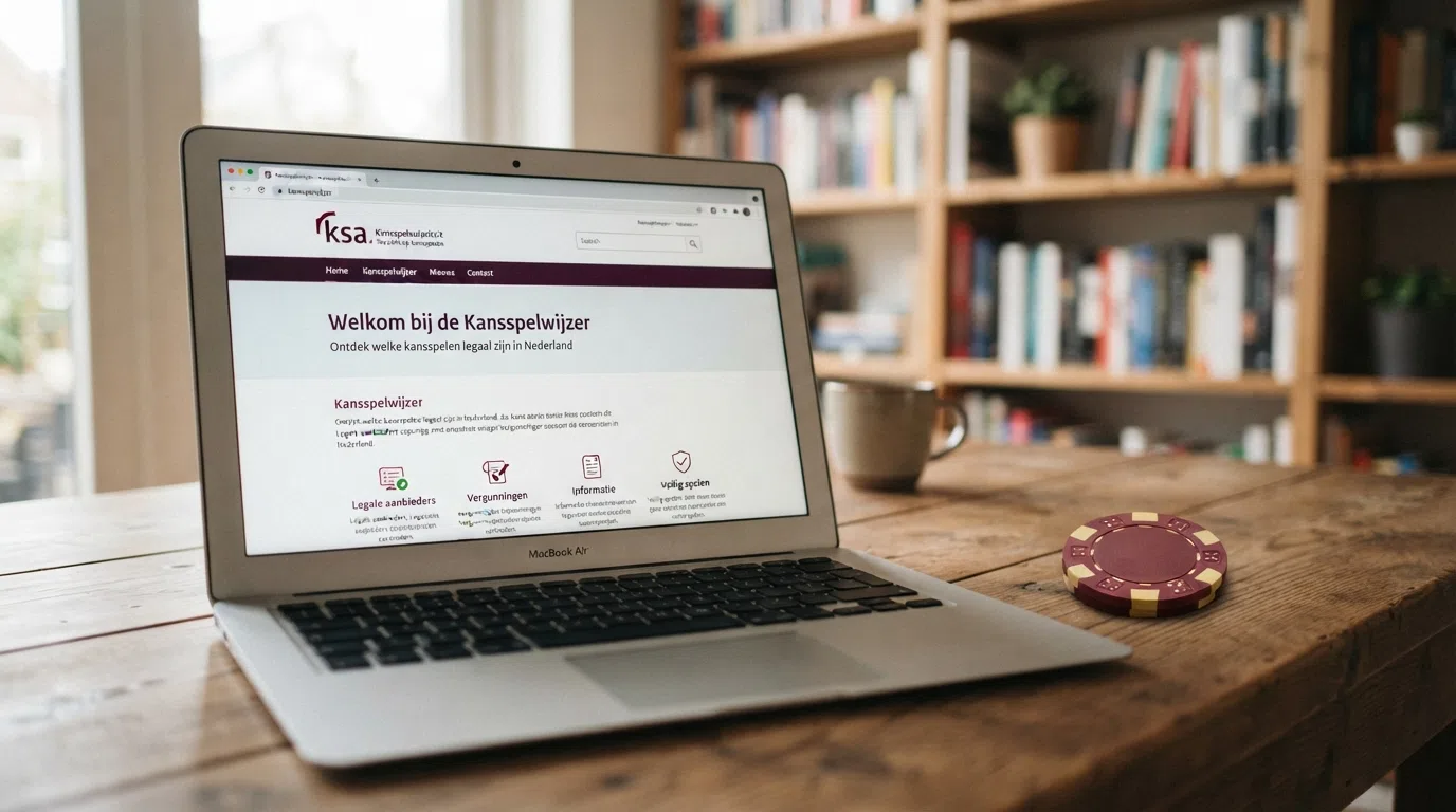Het logo van de Kansspelautoriteit naast een screenshot van de Kansspelwijzer-pagina op kansspelautoriteit.nl met een vergunning zichtbaar.