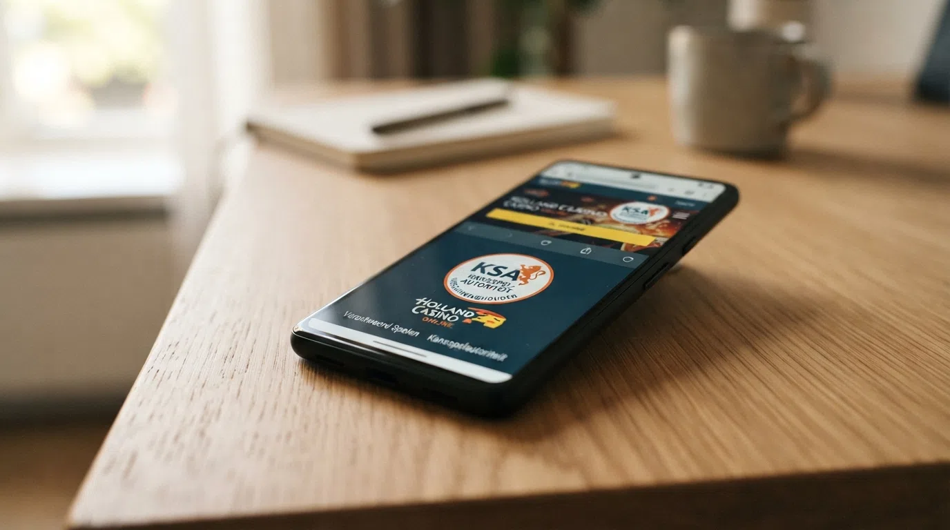 Het keurmerk van de Kansspelautoriteit op het scherm van een smartphone, met een vinkje en de tekst 'Vergunninghouder KOA'