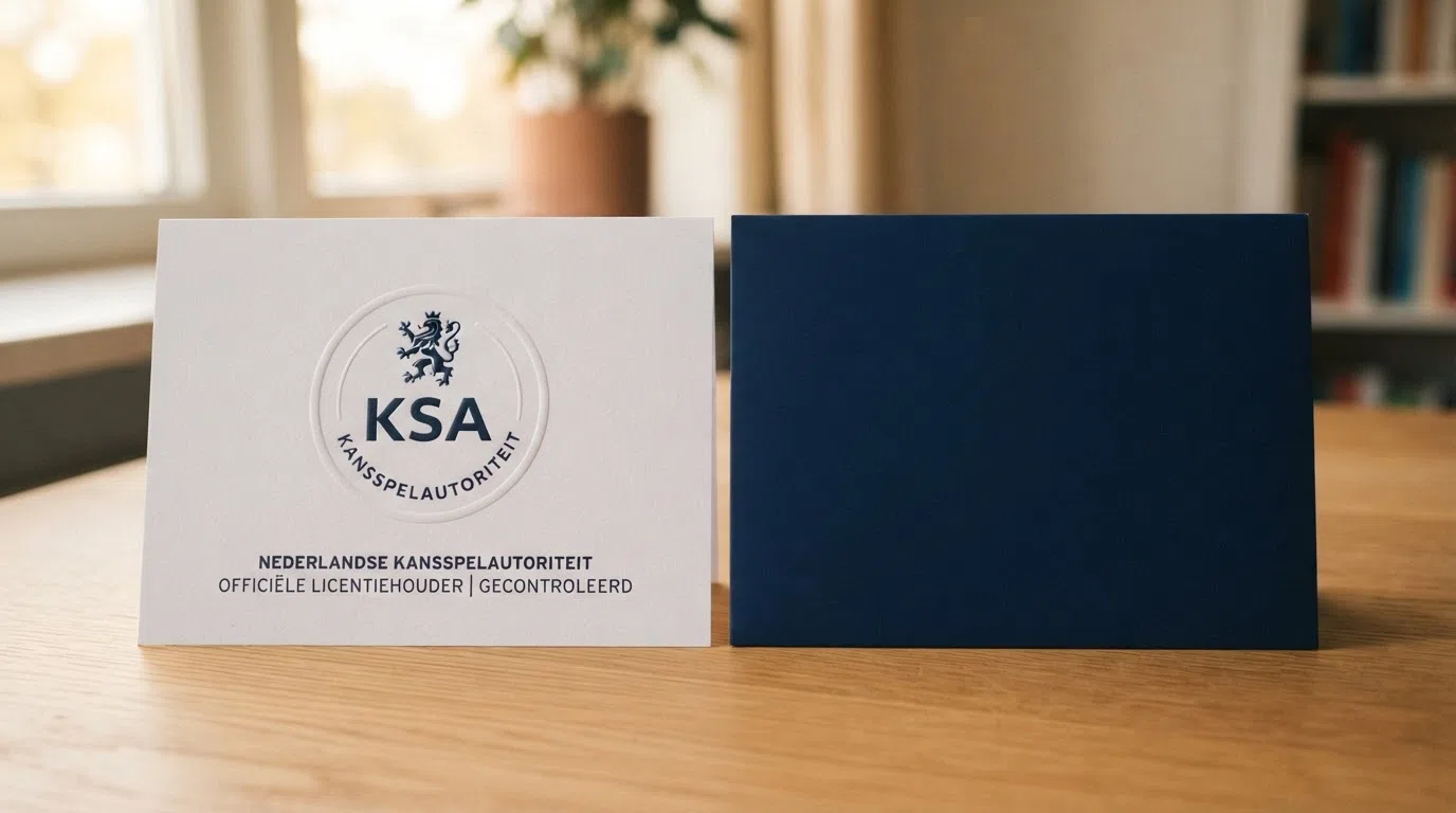 Het KSA-logo met het Nederlandse wapen links, tegenover een leeg vlak met een vraagteken rechts — de visuele tegenstelling tussen vergund en onvergund