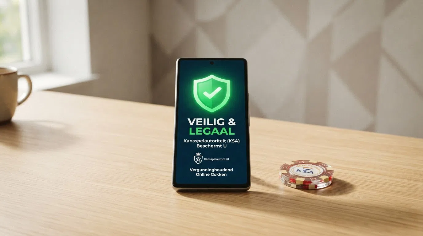 Het logo van de Kansspelautoriteit naast een groen vinkje en een schild-icoon op een smartphone