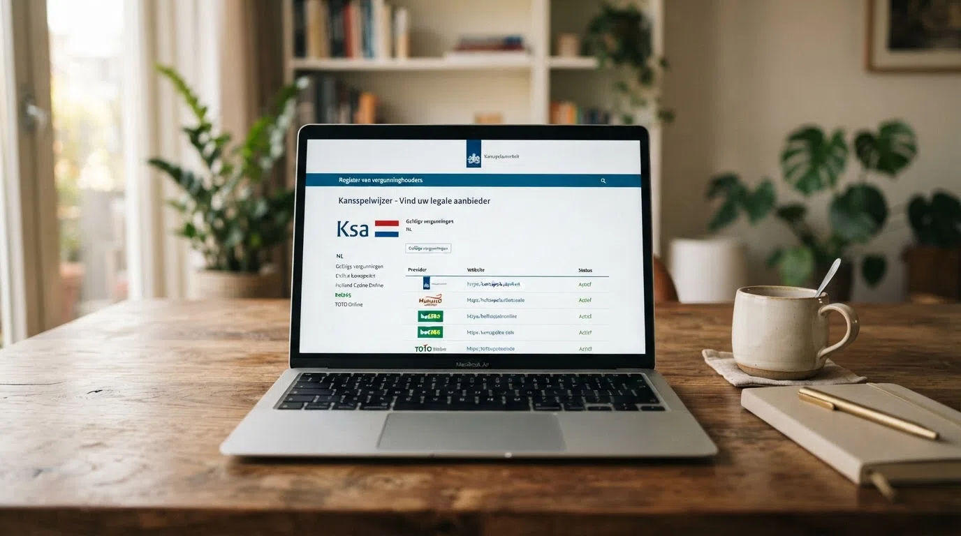 Het logo van de Kansspelautoriteit op een laptopscreen naast een open registerpagina van de Kansspelwijzer
