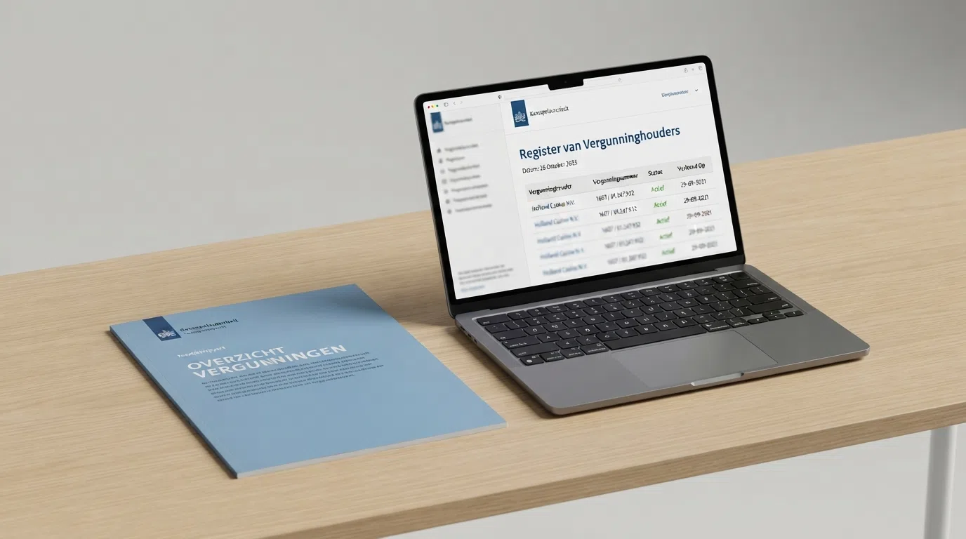 Het logo van de Kansspelautoriteit op een officieel document, naast een screenshot van het openbare vergunningenregister.