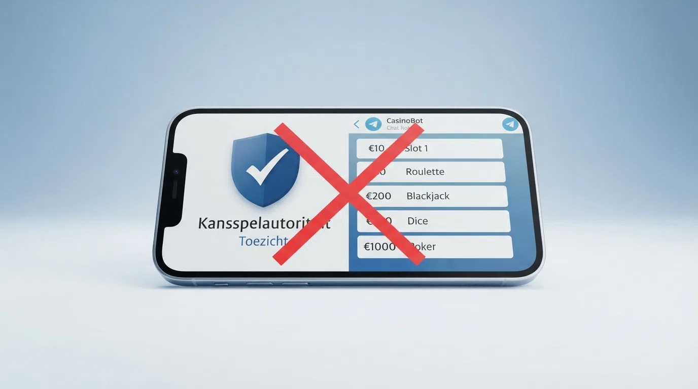 Het Kansspelautoriteit-logo naast een Telegram casino-interface op een smartphone, met een rood kruis ertussen