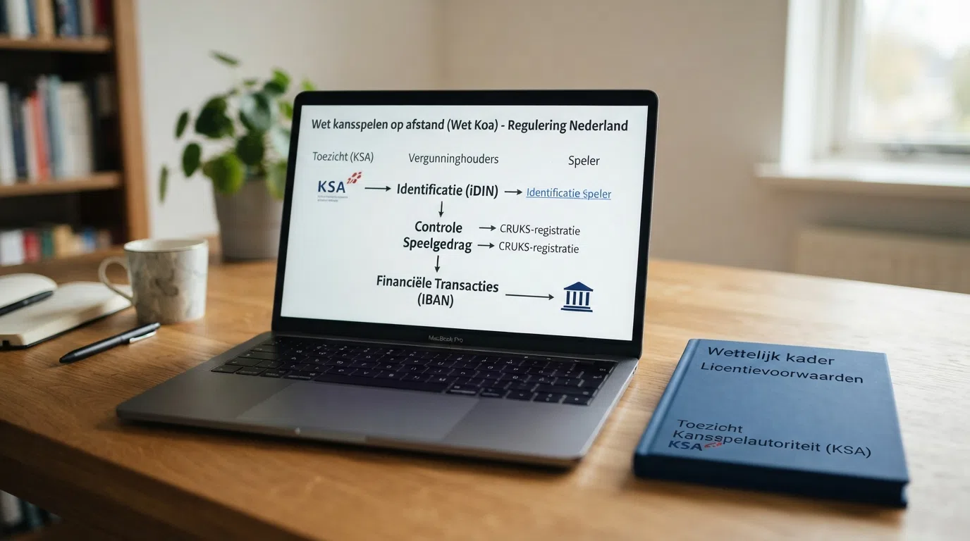 Het logo van de Kansspelautoriteit naast de wettekst van de Wet kansspelen op afstand, met iDIN- en IBAN-iconen die de twee wettelijke pijlers markeren