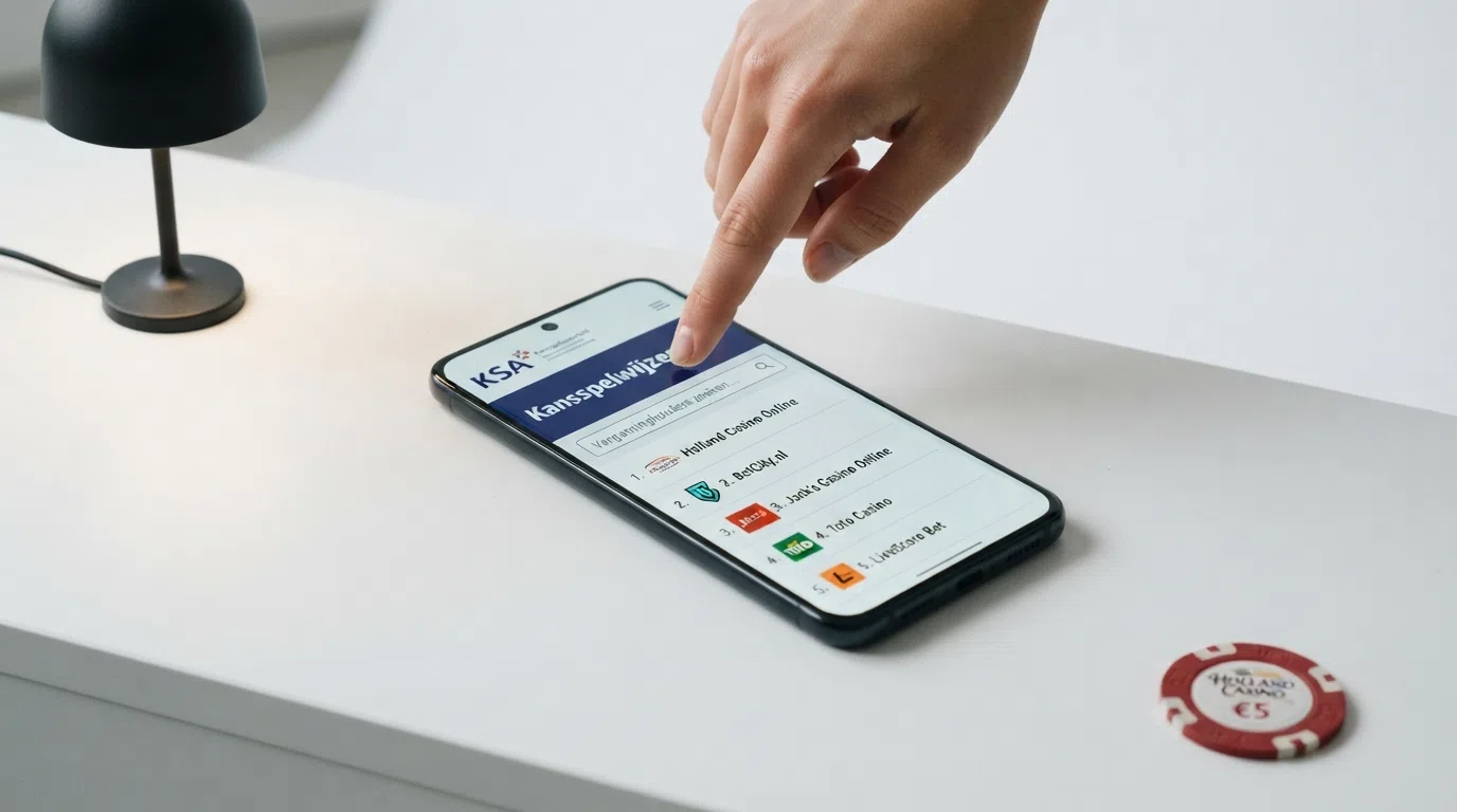 Een screenshot van de Kansspelwijzer-pagina op kansspelautoriteit.nl op een Android-telefoon, met het zoekveld voor vergunninghouders zichtbaar