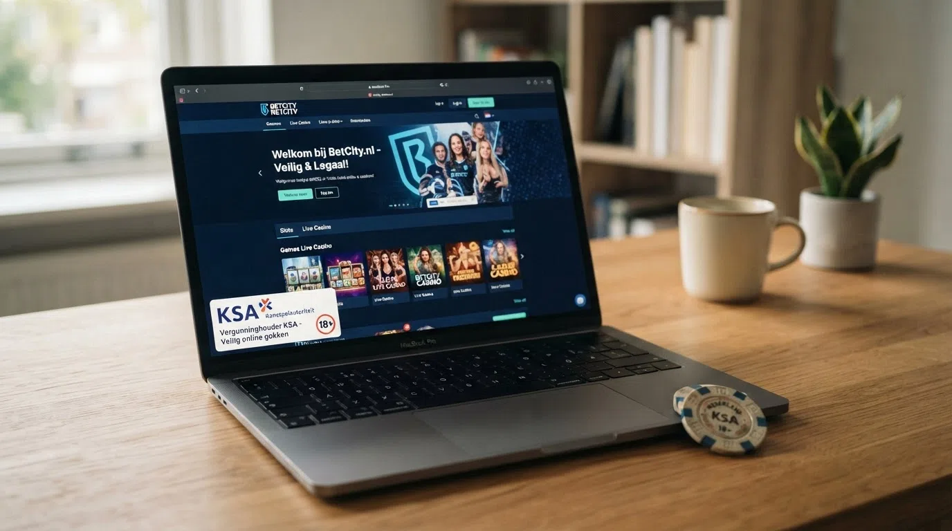 Het Kansspelautoriteit-keurmerk op de website van een legaal Nederlands online casino, met slot op de achtergrond