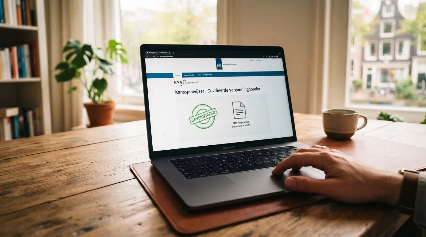 Het logo van de Kansspelautoriteit naast een KOA-vergunningsdocument met een groen “geverifieerd”-stempel, op een laptopscherm met de Kansspelwijzer op de achtergrond