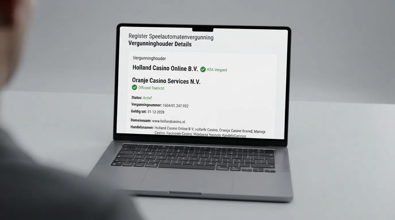 Een screenshot van het Ksa-register met een vergunningdetailpagina en het Cruks-logo ernaast