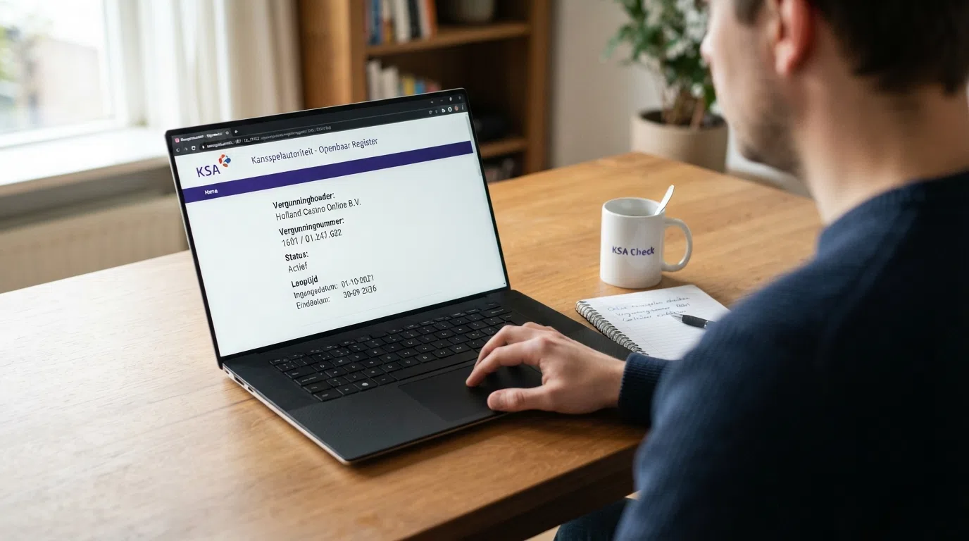 Het Kansspelautoriteit-register op een beeldscherm, met een vergunningdetailpagina zichtbaar waarop de looptijd en vergunninghouder staan