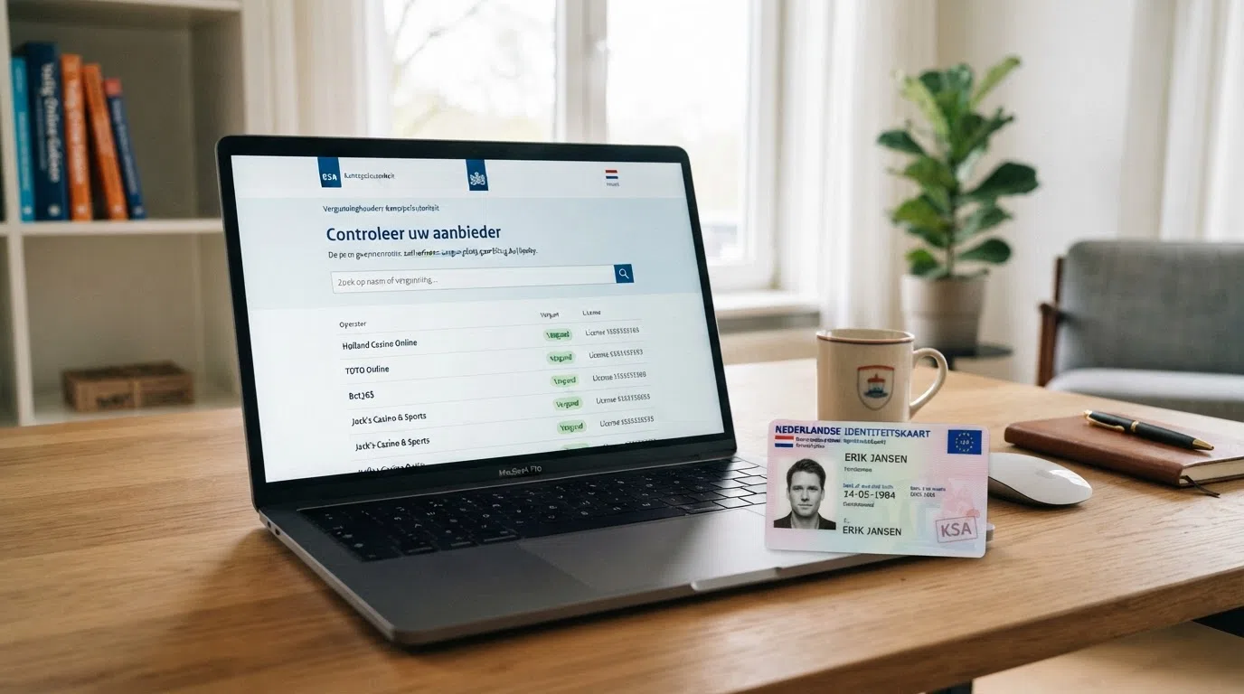 Het KSA-logo naast een Nederlands paspoort op het scherm van een laptop