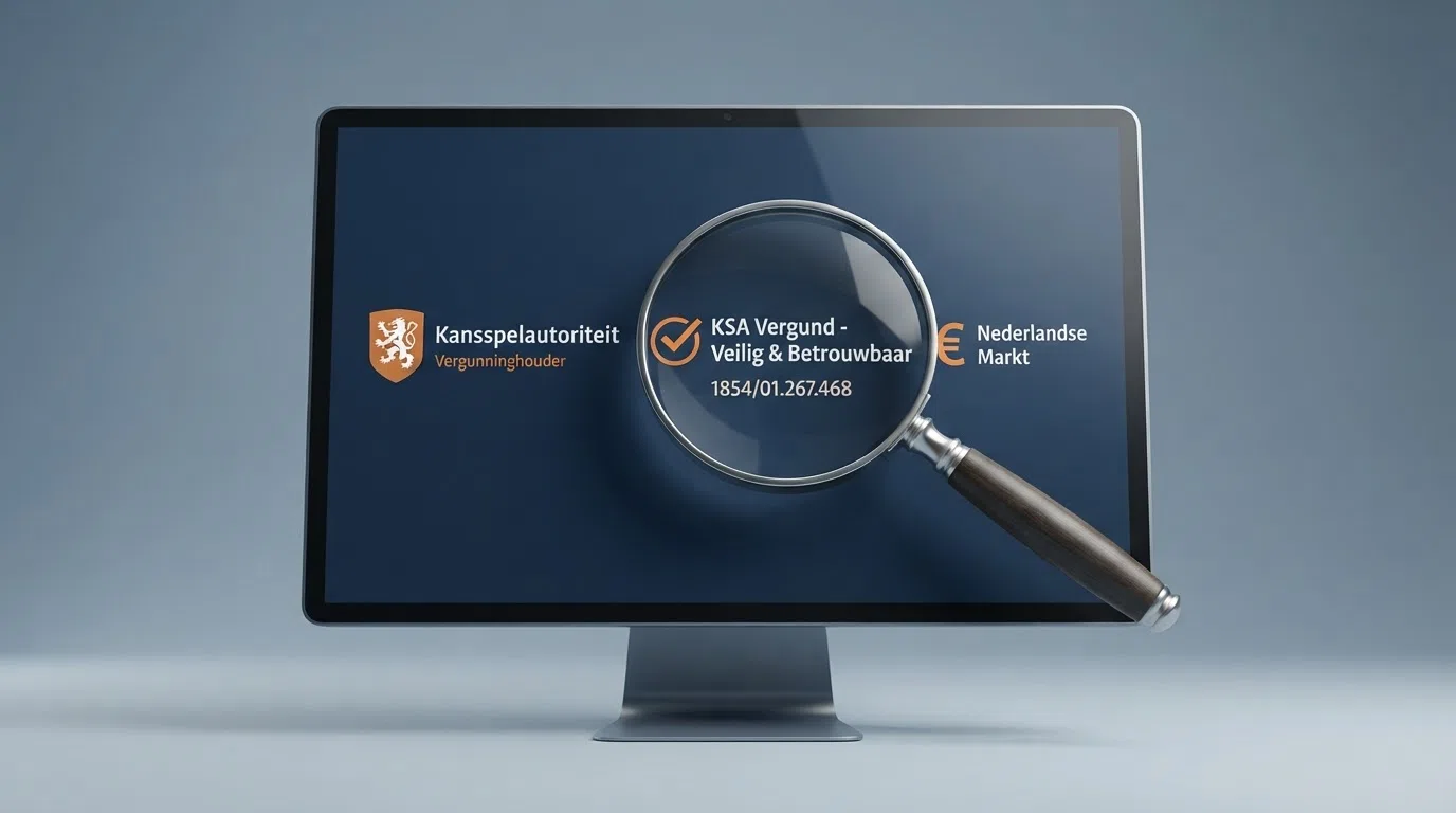 Een close-up van het KSA-logo naast het iDEAL-logo op een casino-website, met het onderschrift van het KSA-vergunningenregister zichtbaar op de achtergrond