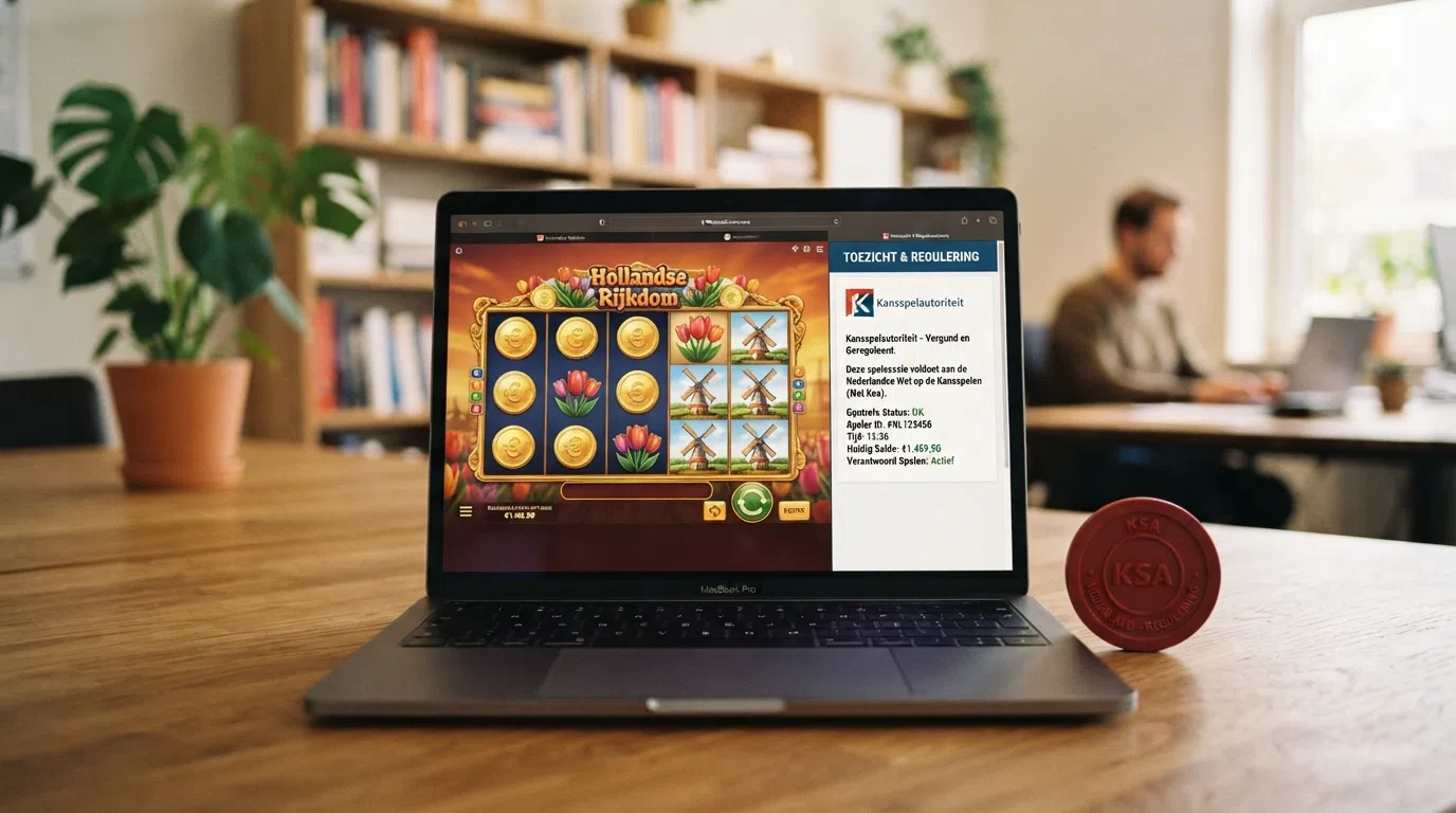 Het logo van de Kansspelautoriteit op een scherm naast een casino-interface met een slot-spel