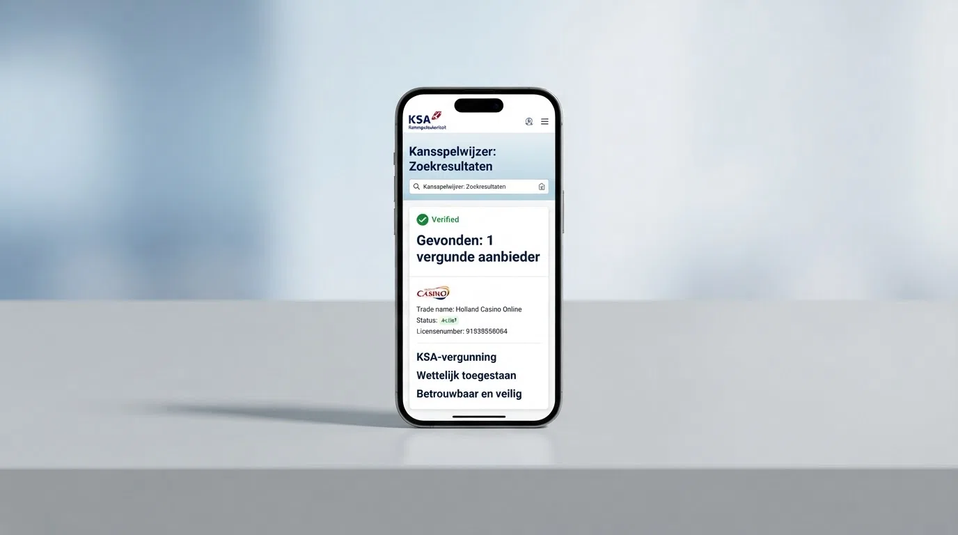 Een iPhone-scherm toont de Kansspelwijzer-pagina van de Kansspelautoriteit met een zoekresultaat voor een casino-vergunning