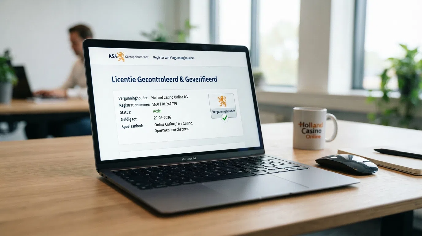 Een screenshot van de Kansspelwijzer-webpagina met een zichtbaar vergunningbewijs en het KSA-logo