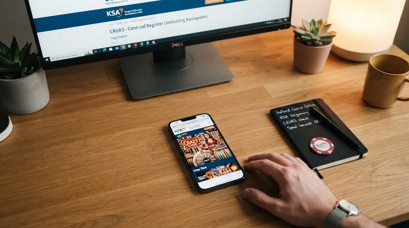 Het KSA-logo op een scherm naast een smartphone die een Nederlands online casino toont met Crazy Time op het scherm, met het CRUKS-logo zichtbaar als vertrouwensignaal