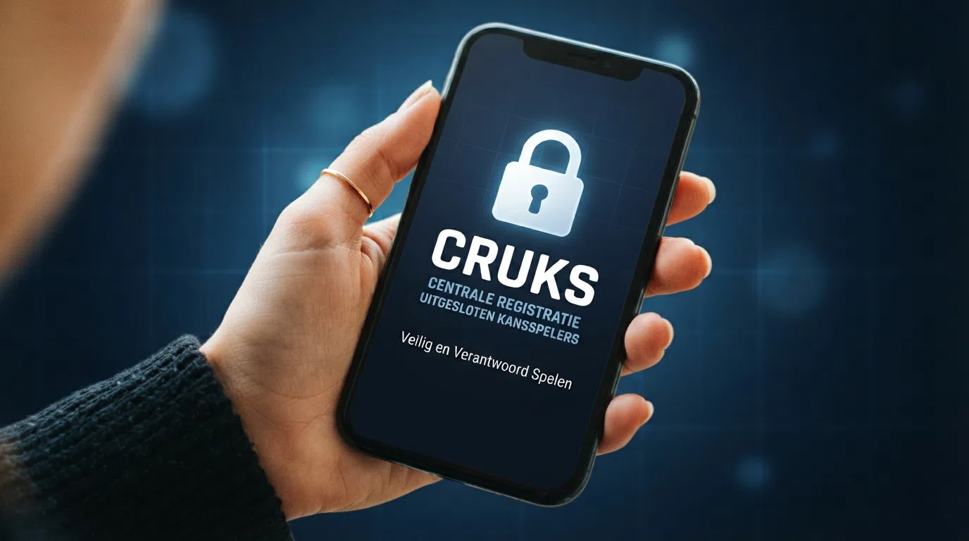 Het logo van de Kansspelautoriteit naast een hangslot-icoon en de letters CRUKS op een donkerblauwe achtergrond