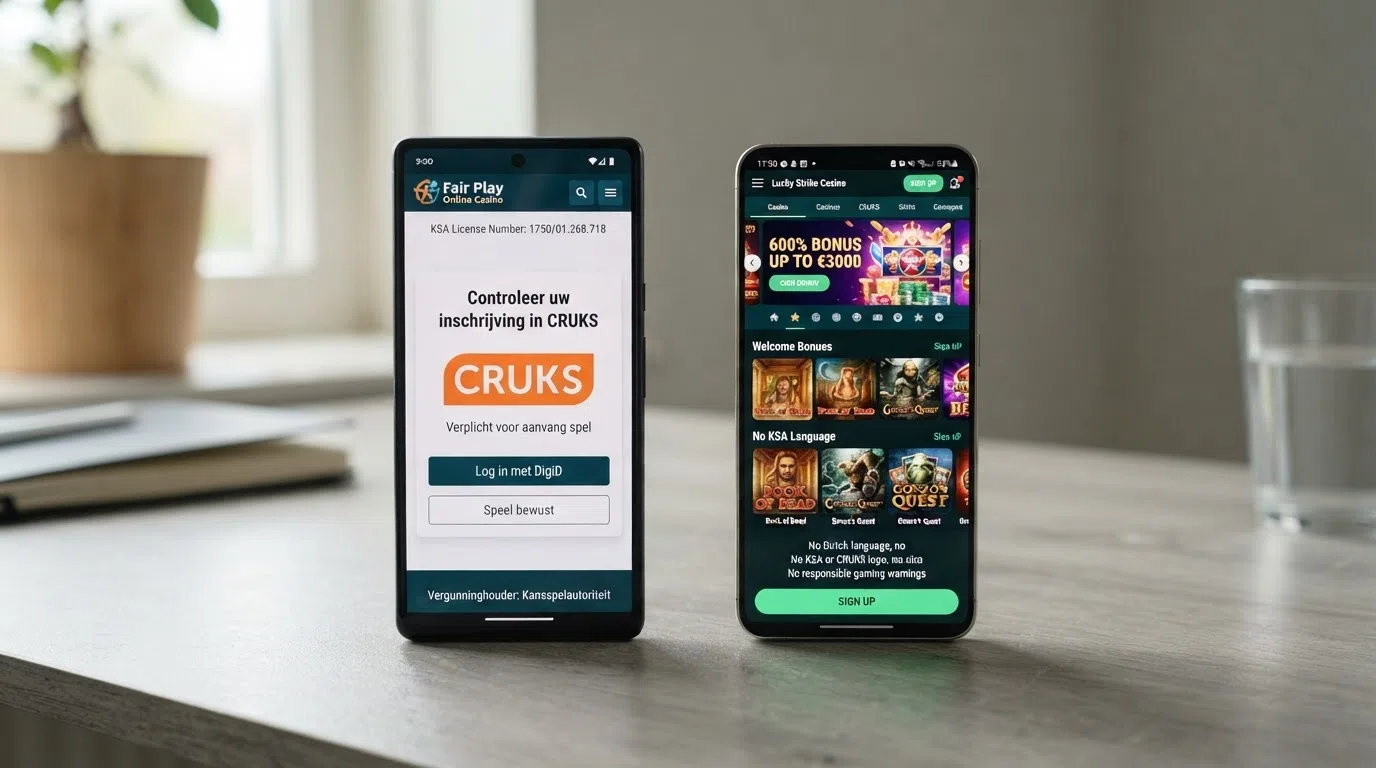 Een splitscreen-vergelijking: links een smartphone met een KSA-vergund casino met Cruks-melding, rechts een offshore casino zonder Nederlandse keurmerken.