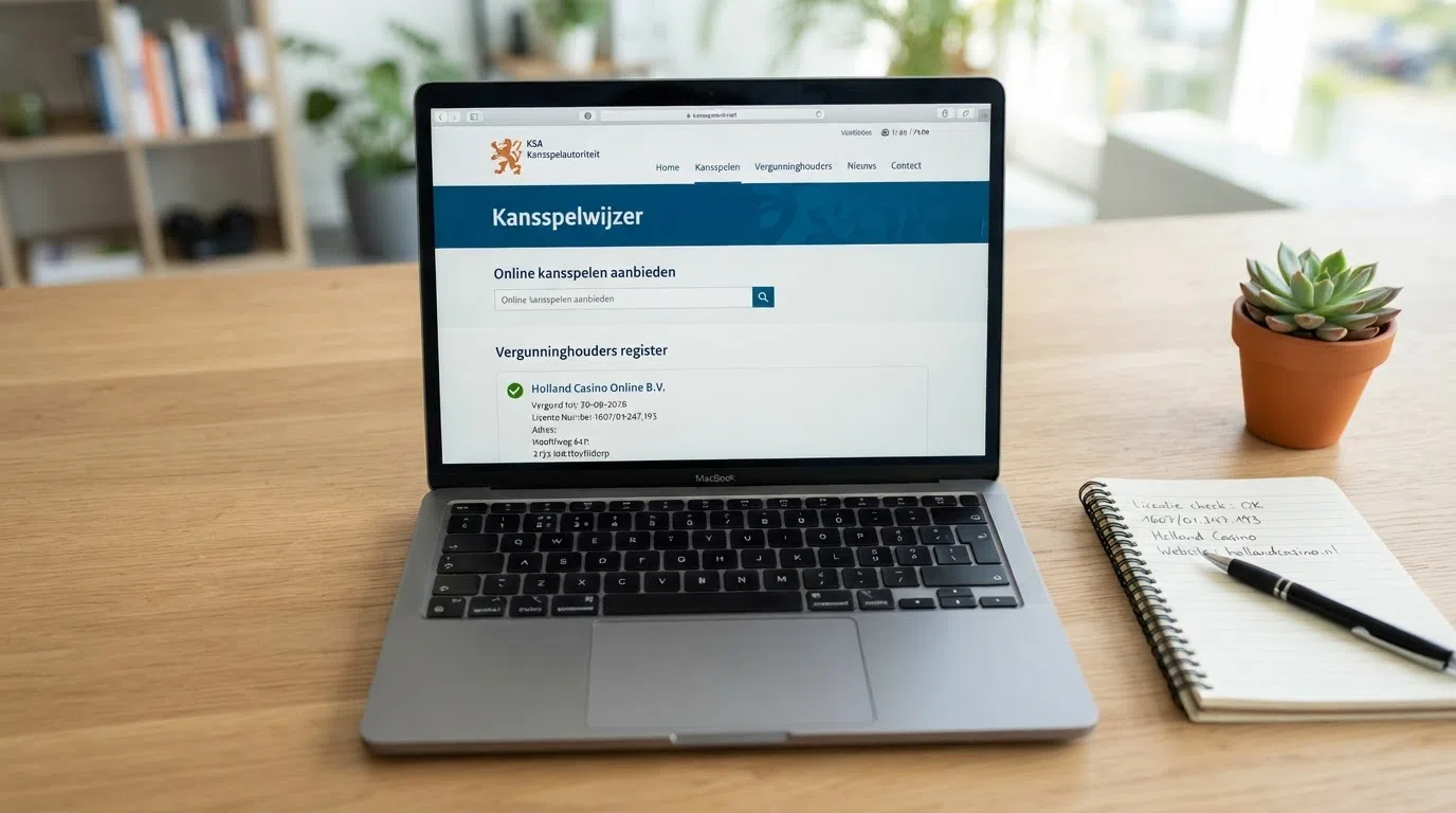 Een close-up van een laptopscherm met de Kansspelwijzer-pagina van de KSA, met een vergunninghouder zichtbaar in het register.