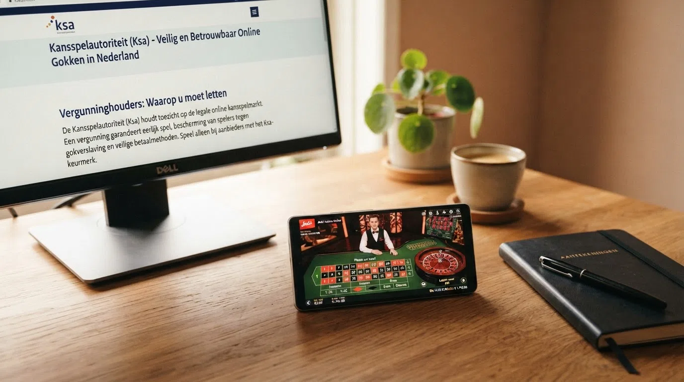 Het logo van de Kansspelautoriteit op de Kansspelwijzer-pagina met een vergunningnummer, naast een smartphone waarop een live roulette tafel draait.