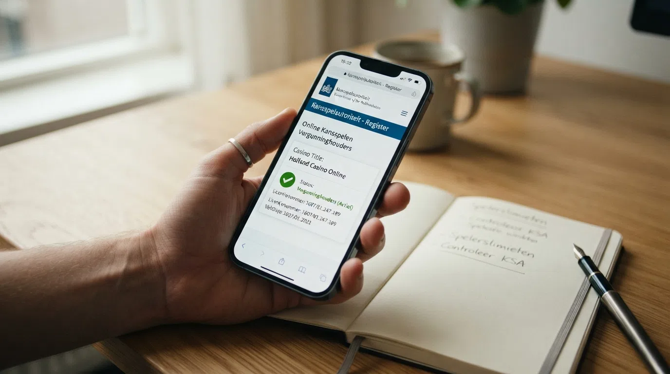 Een ingezoomde smartphone toont het Kansspelautoriteit-register met een vergunningcontrole op het scherm, met een vinkje naast de casinonaam