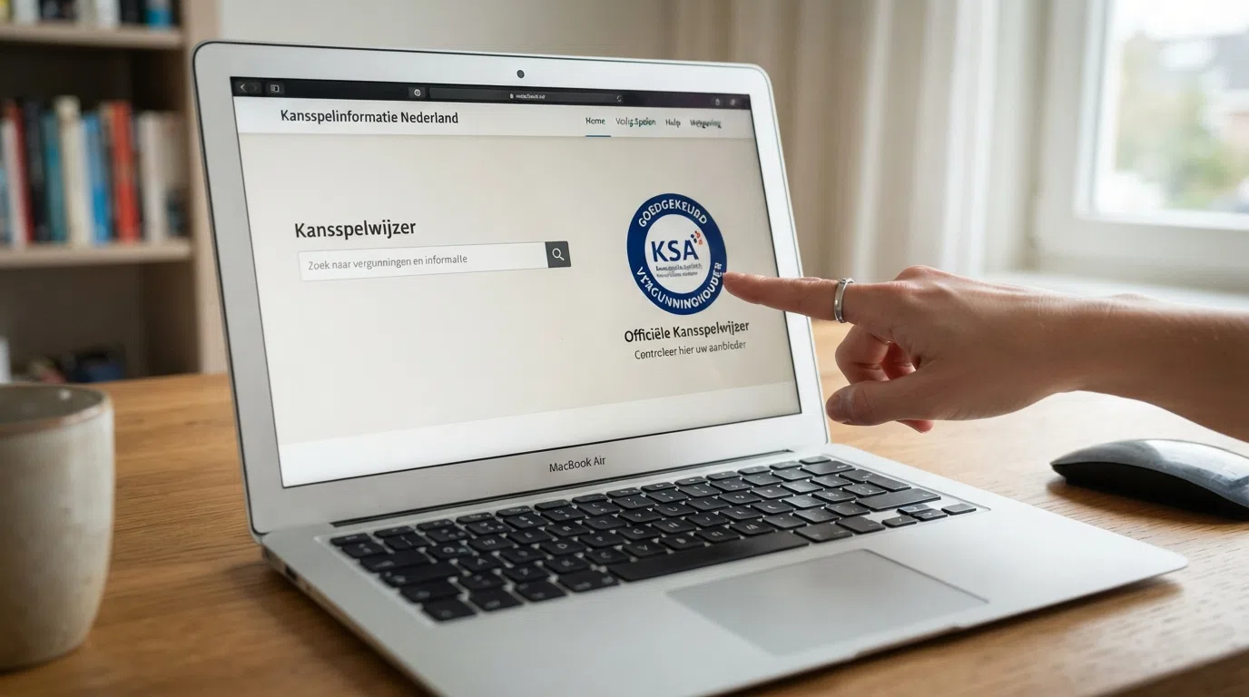 Het logo van de Kansspelautoriteit op de homepage van een Nederlandse goksite, met daarnaast het Kansspelwijzer-zoekscherm