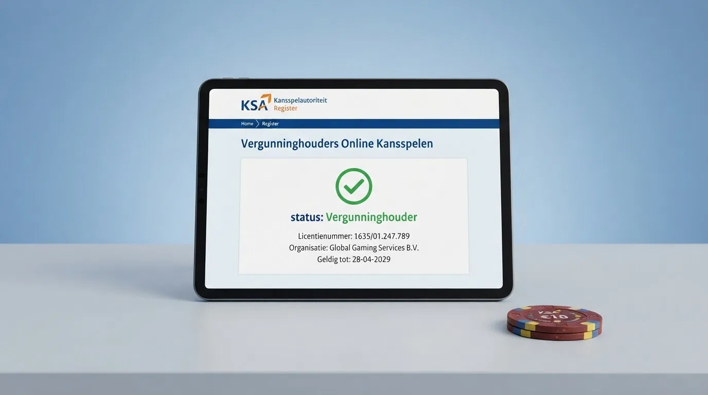 Het logo van de Kansspelautoriteit op een scherm naast een vinkje bij 'vergunninghouder'