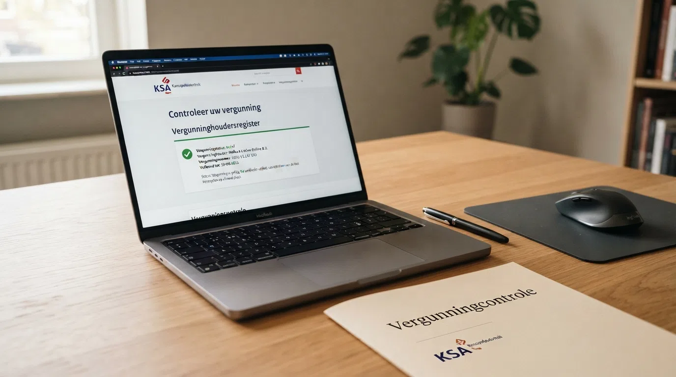 Een screenshot van de KSA Kansspelwijzer met een zoekresultaat dat een geldige vergunning toont, naast het logo van de Kansspelautoriteit