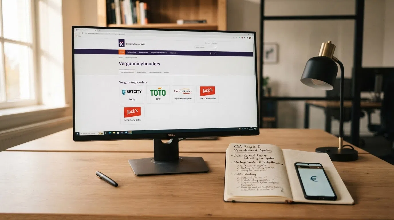 Het logo van de Kansspelautoriteit op een beeldscherm naast een lijst met vergunde online casino's en het Cruks-register.