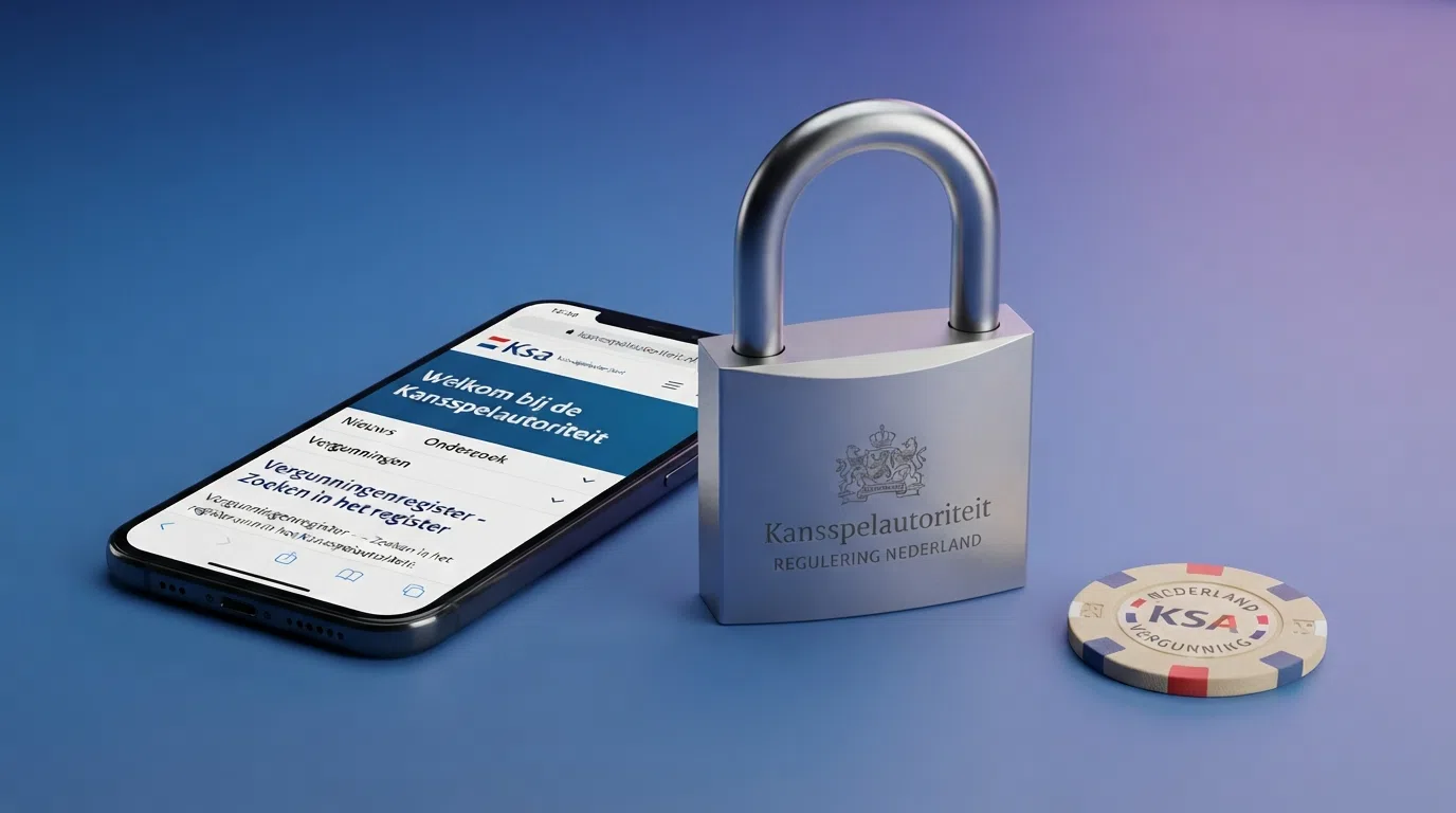 Het logo van de Kansspelautoriteit op een scherm met een openbaar vergunningenregister op de achtergrond