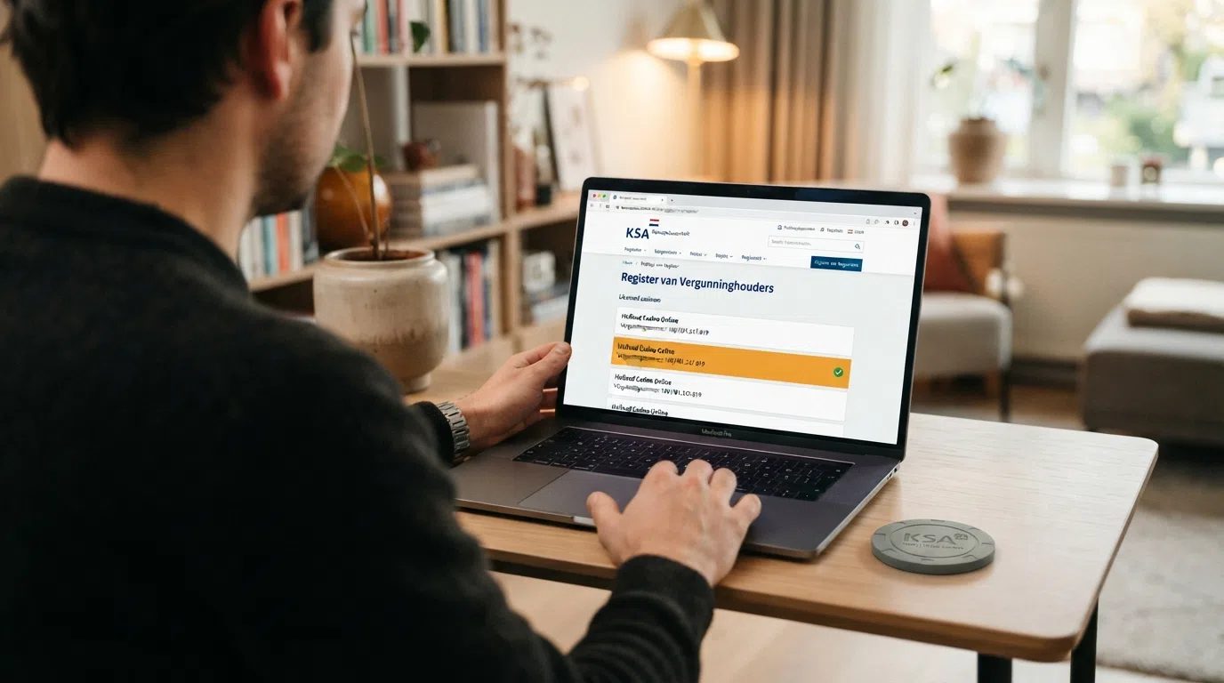Het KSA-logo en een screenshot van het openbare vergunningenregister op kansspelautoriteit.nl met een gemarkeerde vergunninghouder