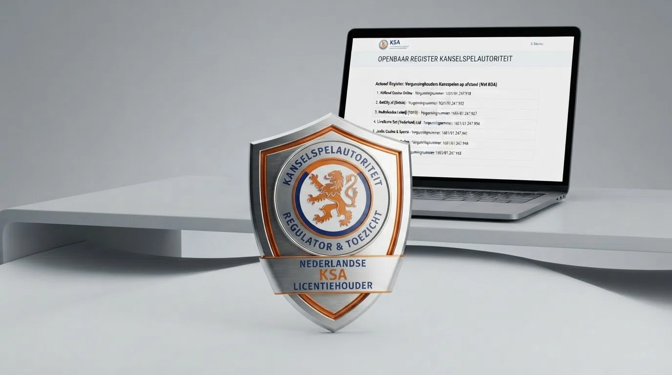 Het Kansspelautoriteit-logo naast een computerscherm met een lijst van vergunde online casino's in Nederland