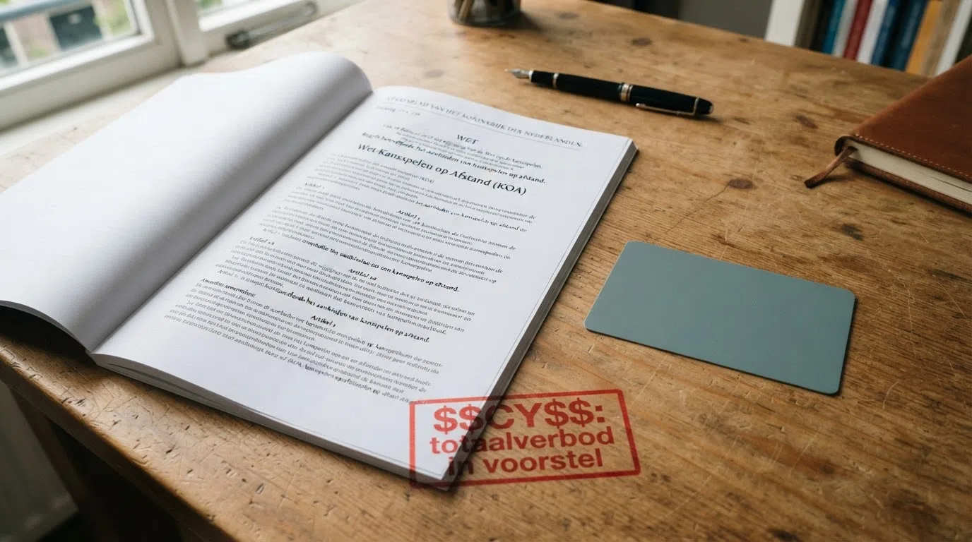 Het logo van de Kansspelautoriteit naast een opengeslagen wettekst van de Wet Kansspelen op Afstand, met een stempel '2026: totaalverbod in voorstel' ernaast.