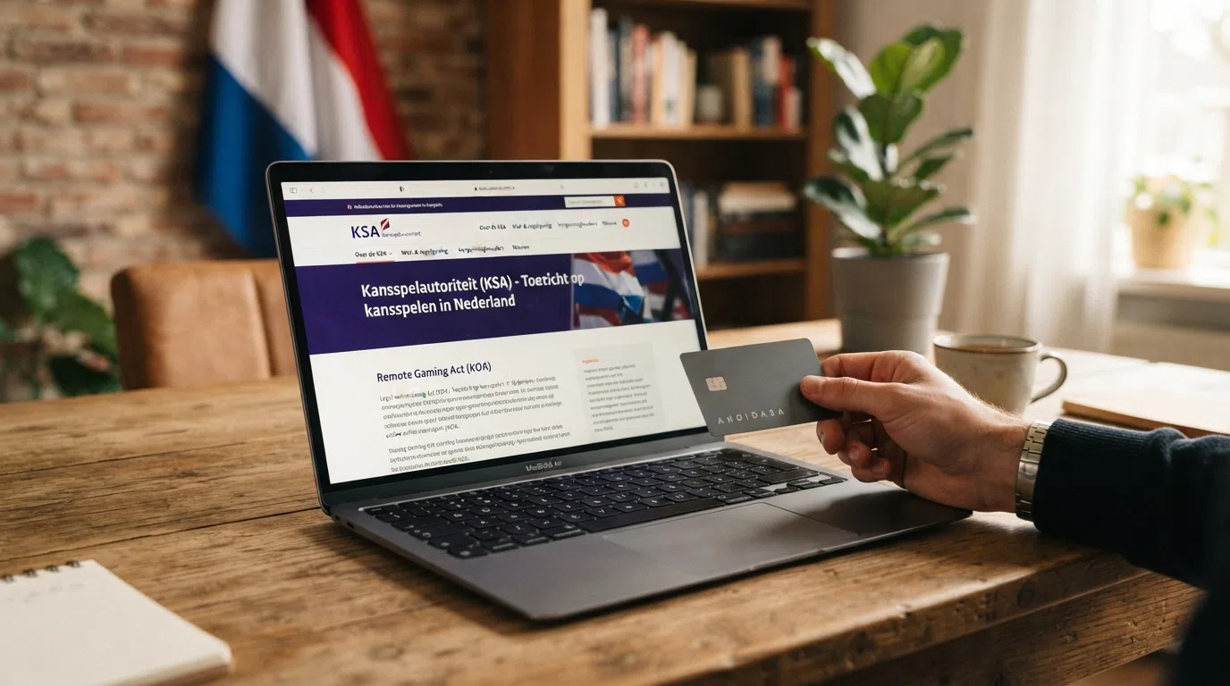 Het logo van de Kansspelautoriteit op een witte achtergrond, met daaronder een screenshot van het openbare vergunningenregister met een gemarkeerde regel