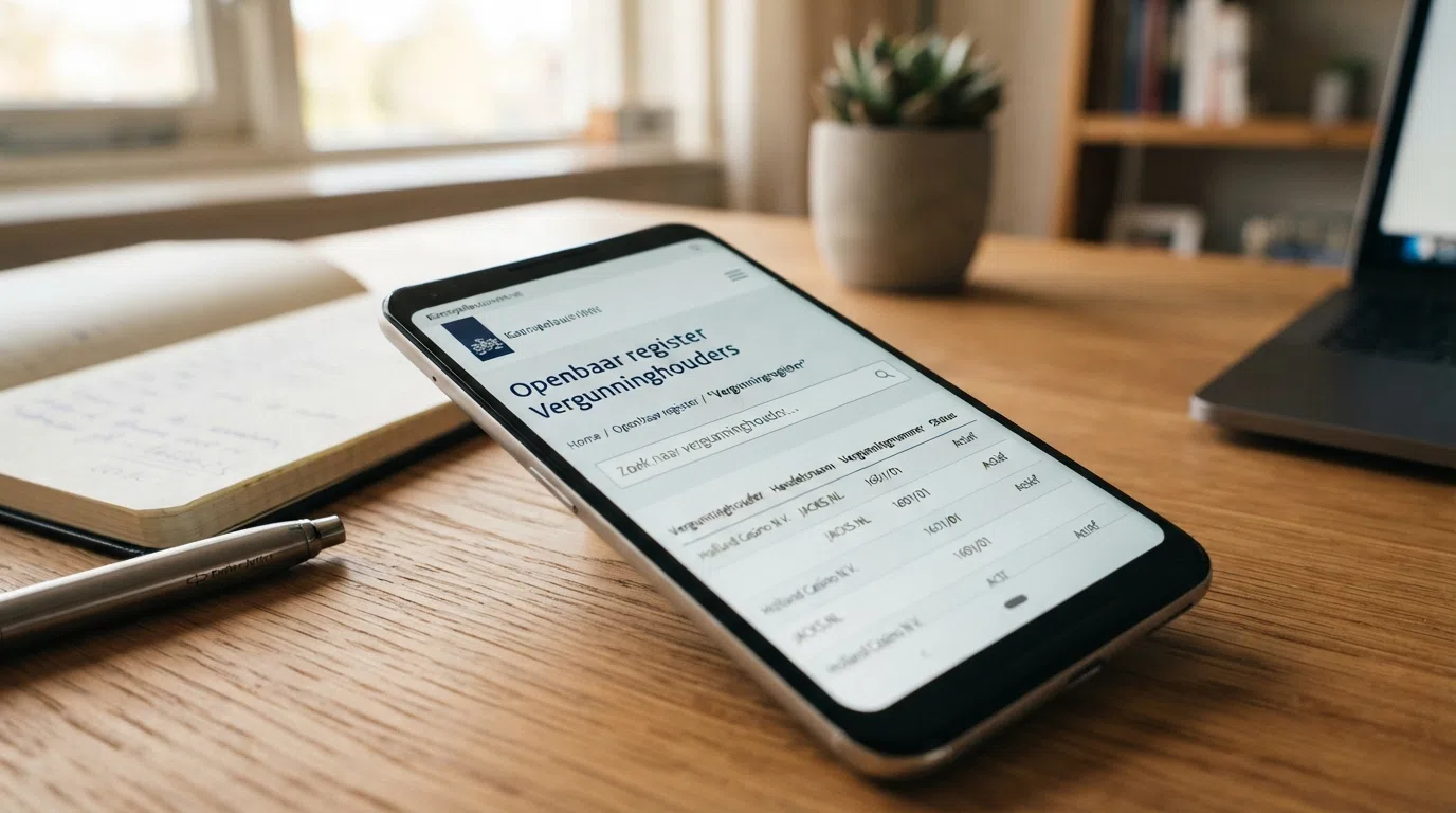 Een smartphone toont de Kansspelautoriteit-website met het openbare vergunningregister