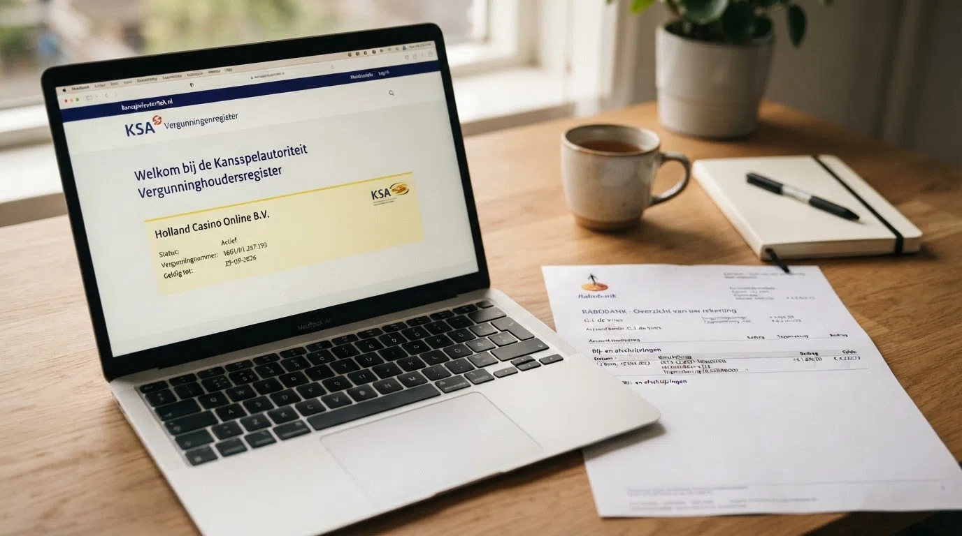 Een laptop toont het KSA-vergunningenregister (kansspelautoriteit.nl) naast een bankafschrift met een casino-uitbetaling — de verbinding tussen toezicht en je bankrekening.