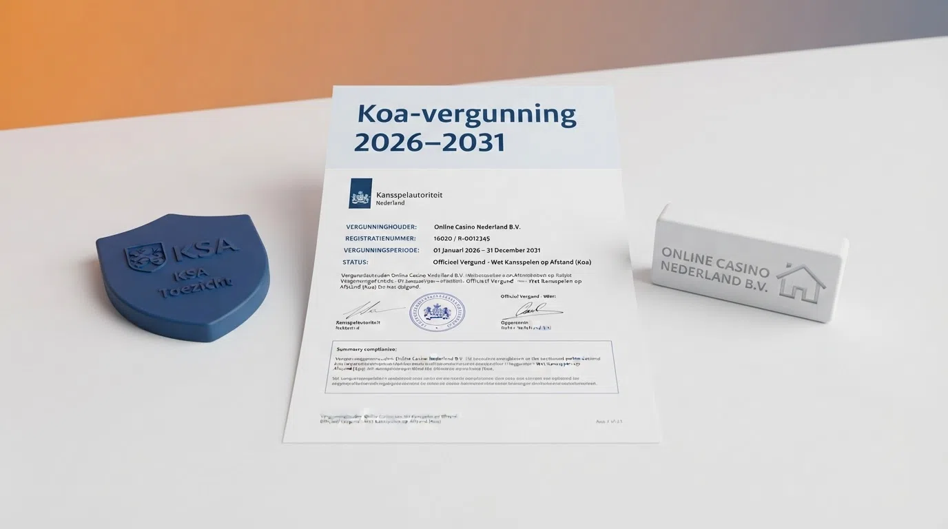 Het logo van de Kansspelautoriteit naast het TOTO Casino-logo met de tekst 'Koa-vergunning 2026–2031' — de visuele bevestiging dat TOTO Casino legaal is in Nederland