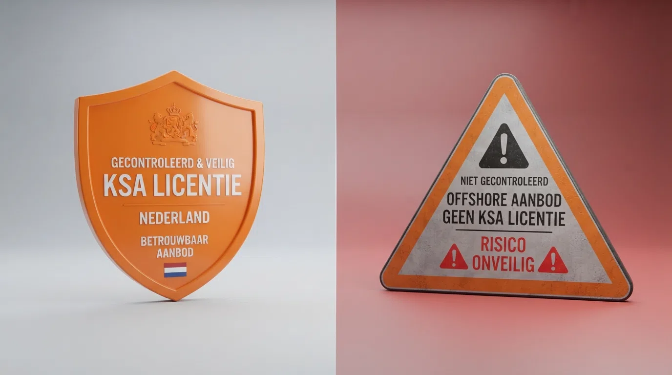 Een splitscreen-vergelijking: links het slotje met KSA-logo en Nederlandse vlag voor een vergunde omgeving, rechts een waarschuwingsdriehoek zonder logo voor een onvergunde buitenlandse site.