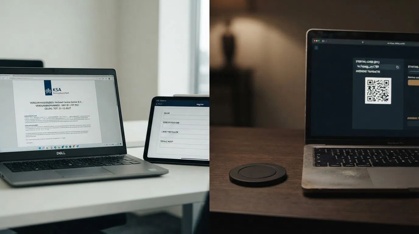 Split-screen vergelijking: links het Ksa-logo en het CRUKS-register, rechts een anoniem crypto-walletadres en het Curaçao-licentielogo