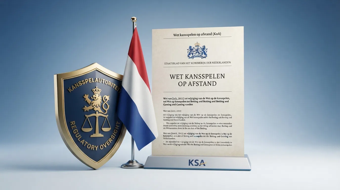 Het logo van de Kansspelautoriteit naast een Nederlandse vlag en een document met de titel Wet kansspelen op afstand