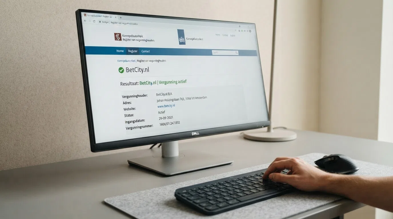 Een computerscherm met het openbare vergunningenregister van de Kansspelautoriteit, waarin een ingevulde zoekopdracht het resultaat “vergunning actief” toont