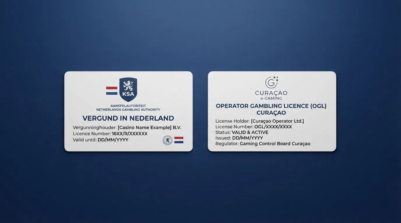 Een zij-aan-zij-vergelijking van het Ksa-keurmerk en een buitenlandse Curaçaose casino-licentie op een scherm