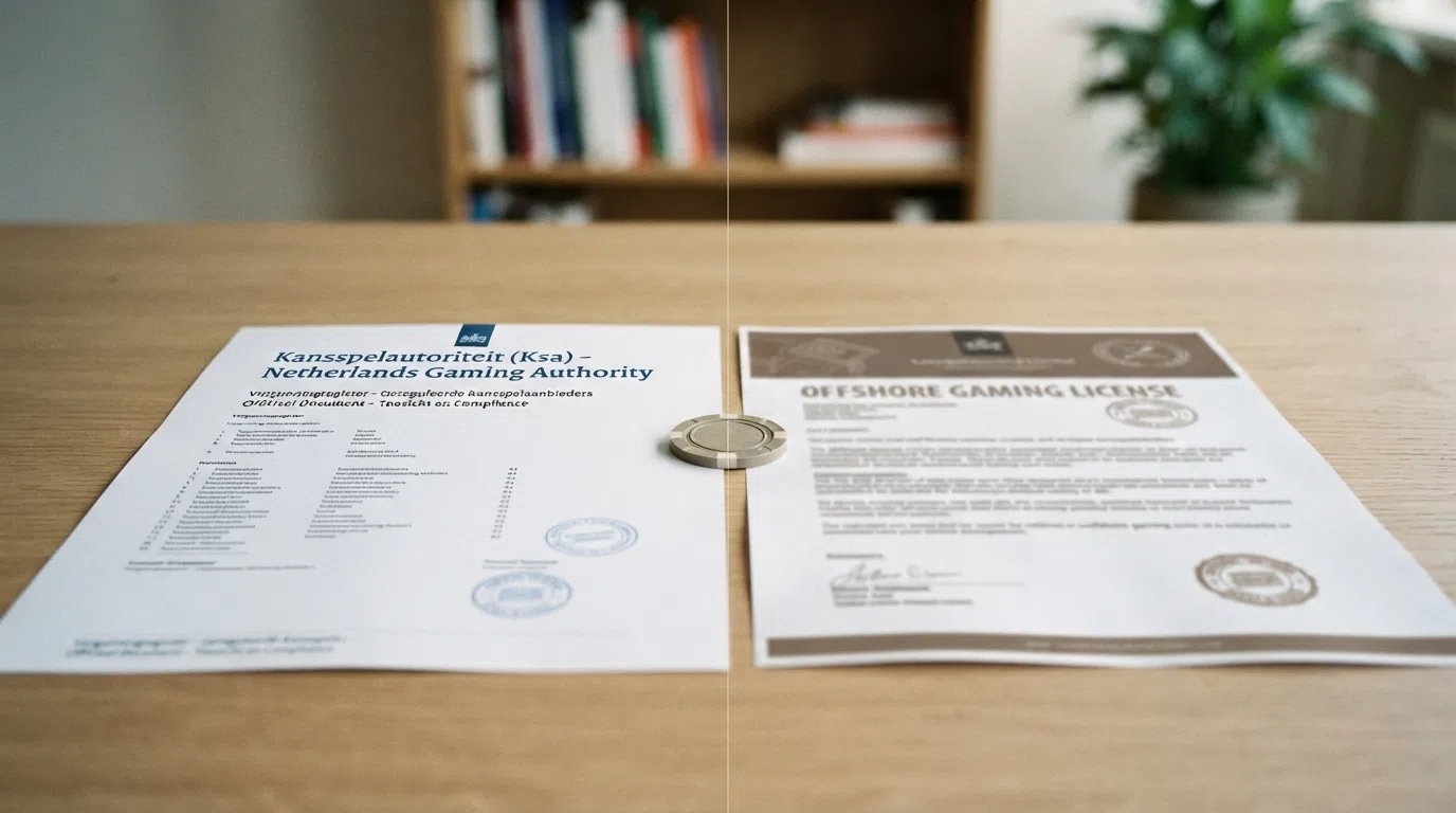 Het officiële logo van de Kansspelautoriteit naast een Curaçaose vergunning, gescheiden door een verticale lijn