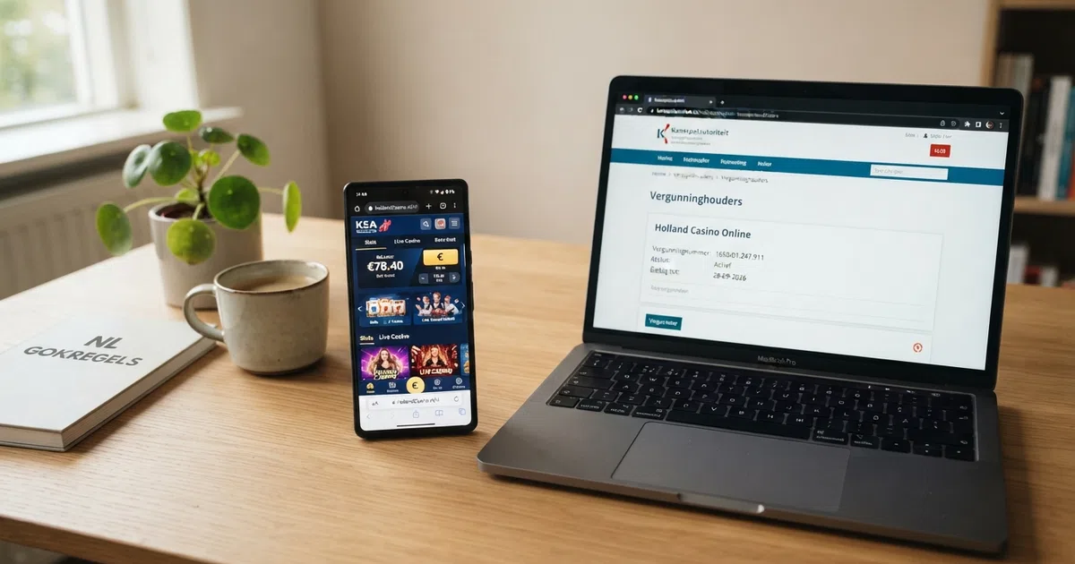 Een close-up van een smartphone met daarop de homepage van een online casino naast een laptopscherm waarop het KSA-vergunningenregister zichtbaar is — de twee werelden die een speler moet verbinden