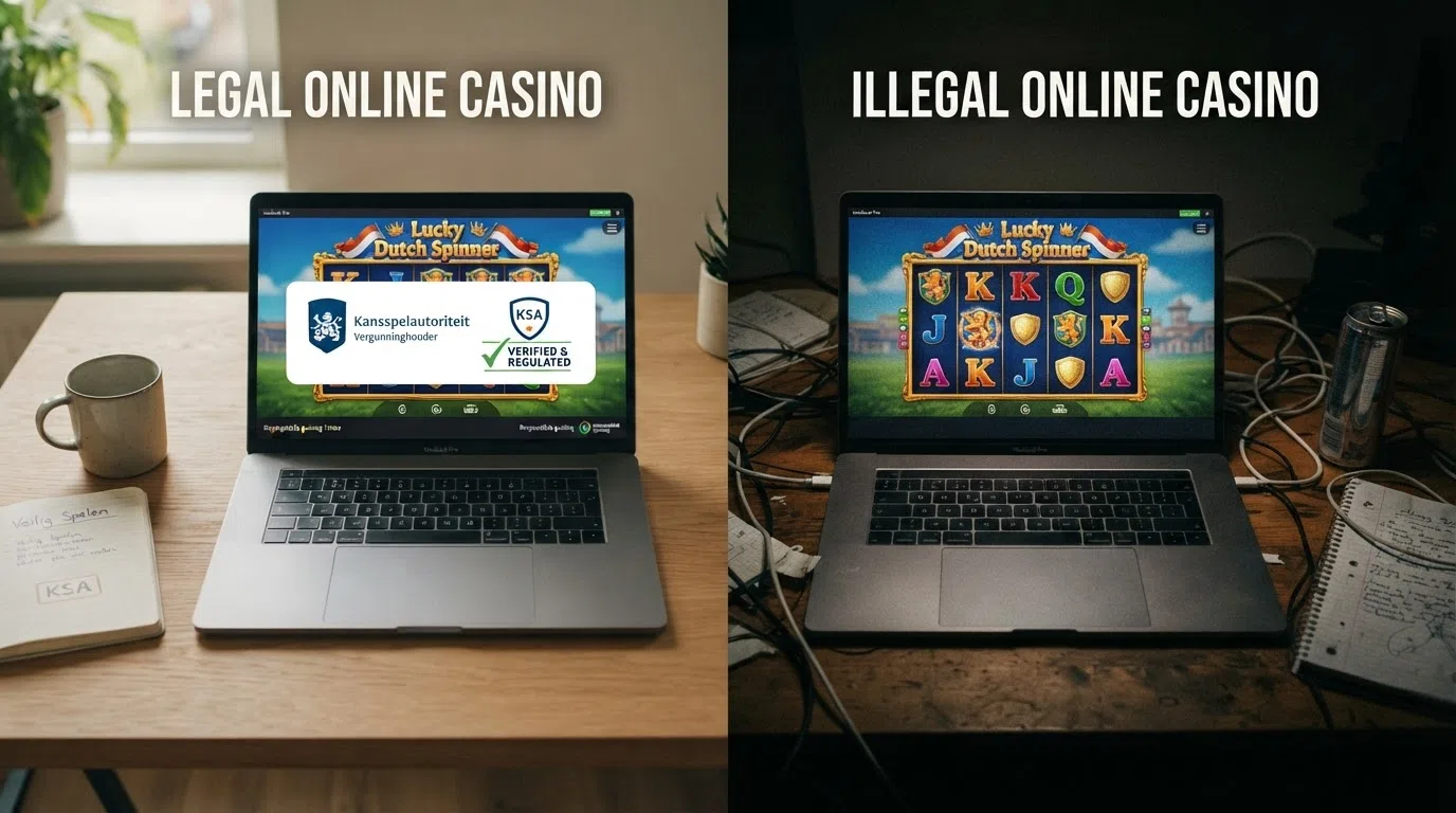 Een splitscreen: links een slot met het Cruks-schild en een KSA-keurmerk in beeld, rechts hetzelfde spel zonder beschermingsindicatoren — een visuele weergave van het verschil