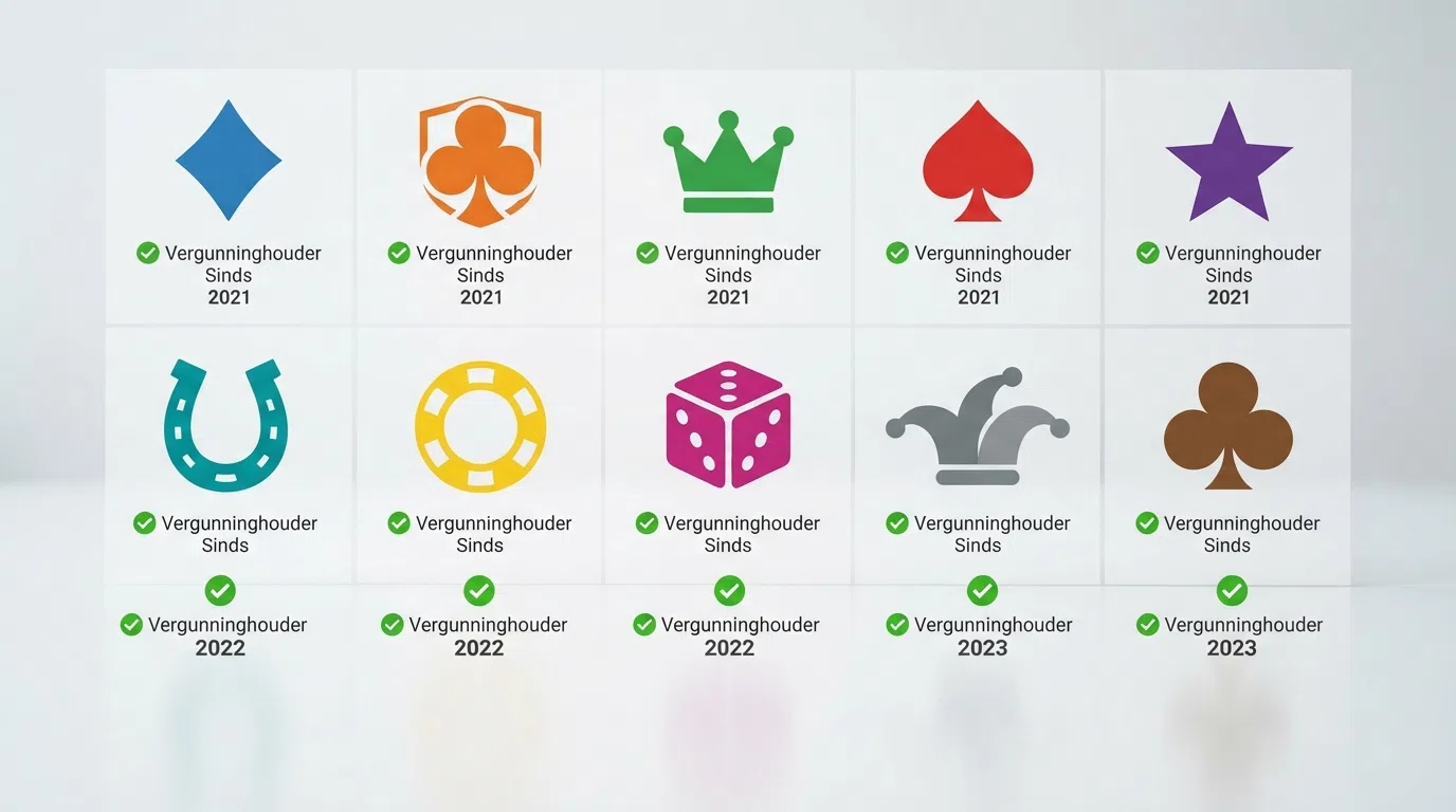 Een grid van tien casinologo's op een witte achtergrond, met onder elk logo een groen KSA-vinkje en het jaar van eerste vergunning
