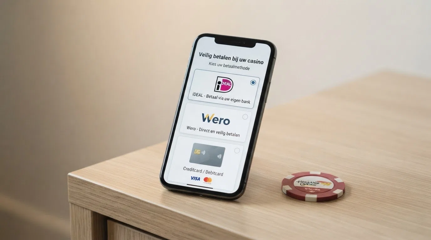 De logo's van iDEAL, Wero en creditcard op het scherm van een smartphone, met op de achtergrond een online casino-omgeving